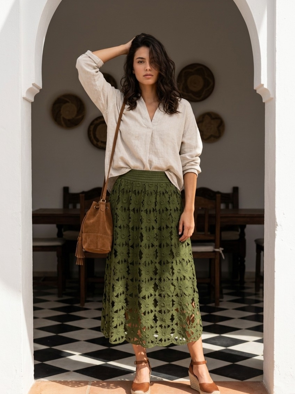 FARM Rio Olive Green Eyelet Midi Skirt $310 Retail